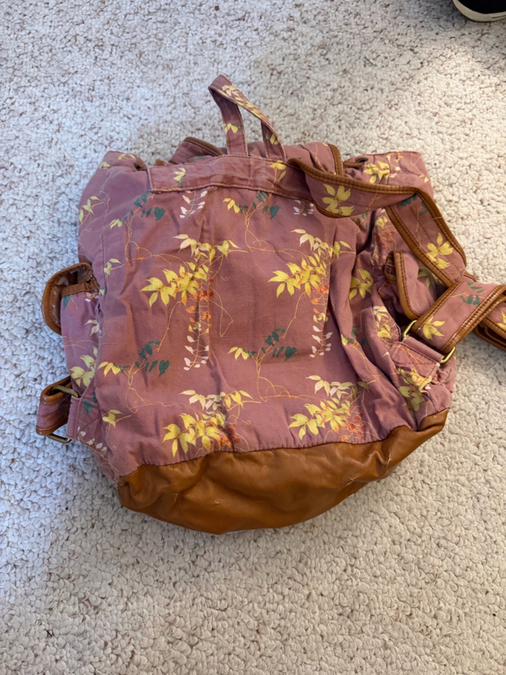 Kimchi Blue Pink Floral Canvas Backpack with Brown Leather Trim - Picture 3 of 5